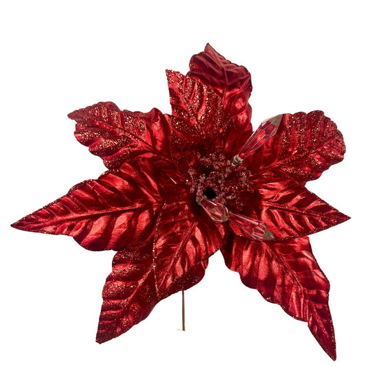Glistening Metallic Crystal Poinsettia Stem - Red H:27" X D:16"  | KS