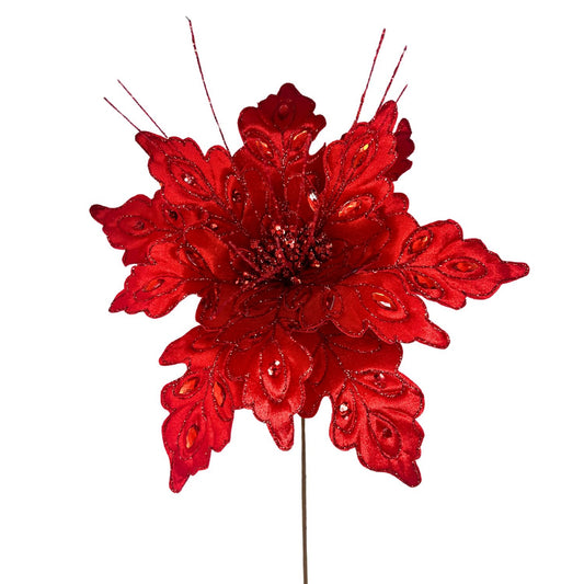 Glitz Gem Velvet Poinsettia Stem - Red 27” | KS