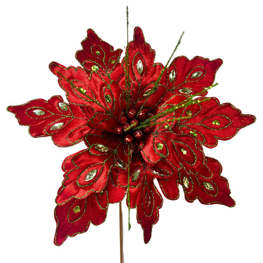 Glitz Gem Velvet Poinsettia Stem - Red/Green 27” | KS