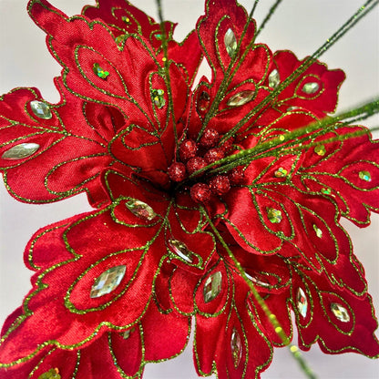 Glitz Gem Velvet Poinsettia Stem - Red/Green 27” | KS