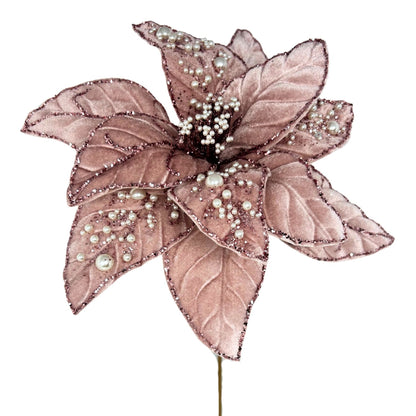 Pink Royal Velvet Pearl Poinsettia Stem 24” | KS