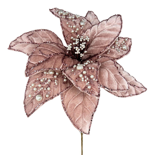 Pink Royal Velvet Pearl Poinsettia Stem 24” | KS