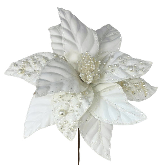 Faux Leather Pearl Poinsettia Stem - White 24” | KS