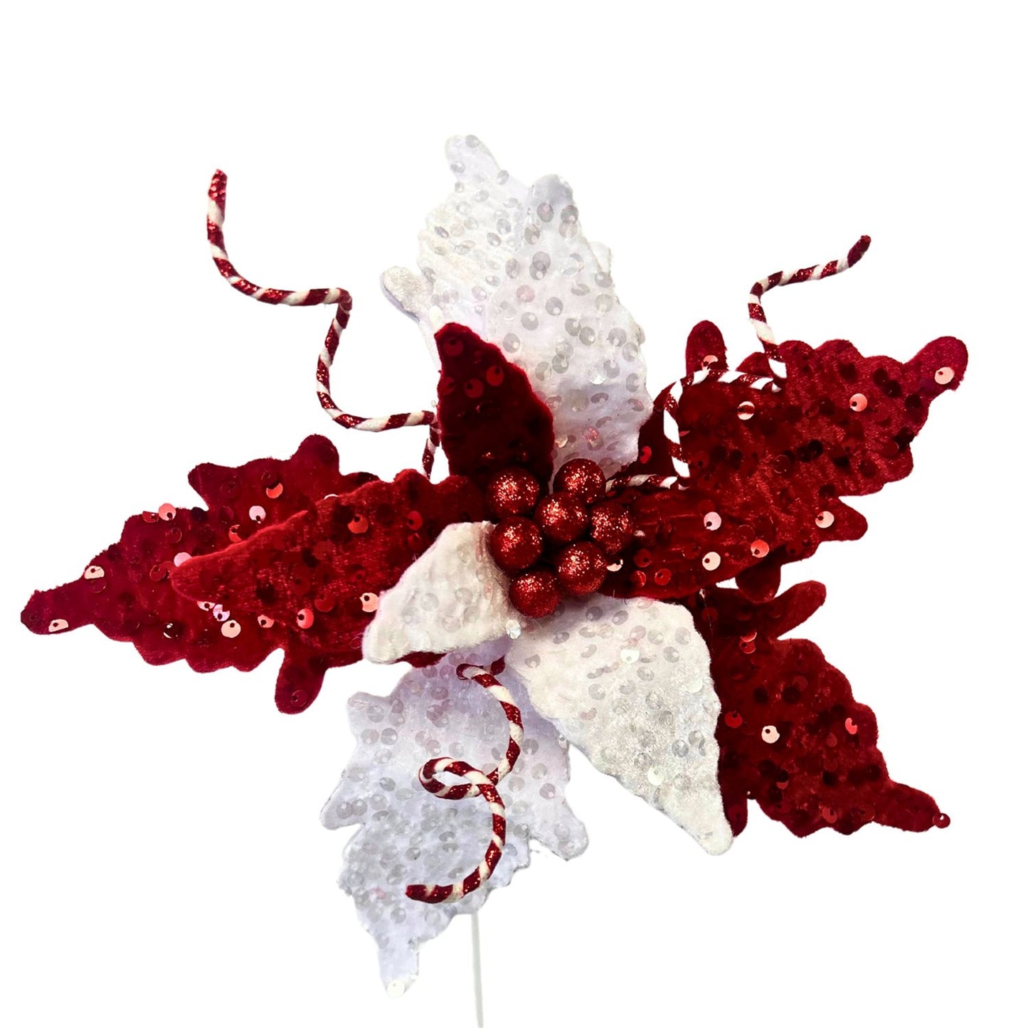 Mixed Velvet/Sequin Leaf Poinsettia Stem - Red/White 28” | QP