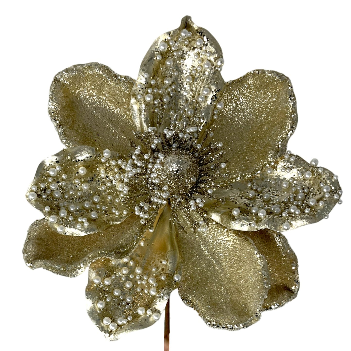 Beaded Gold Magnolia Stem w/ Pearls H:17" Dia:7"