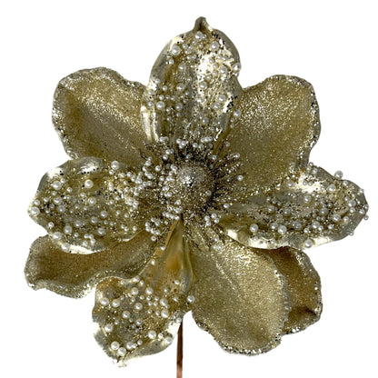Beaded Gold Magnolia Stem w/ Pearls H:17" Dia:7"