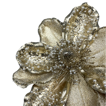 Beaded Gold Magnolia Stem w/ Pearls H:17" Dia:7"