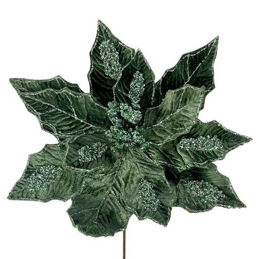 Sage Green Velvet Poinsettia w/ Sequins H:17" Dia:10"