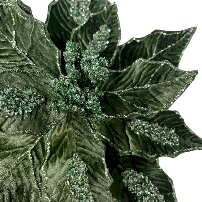 Sage Green Velvet Poinsettia w/ Sequins H:17" Dia:10"