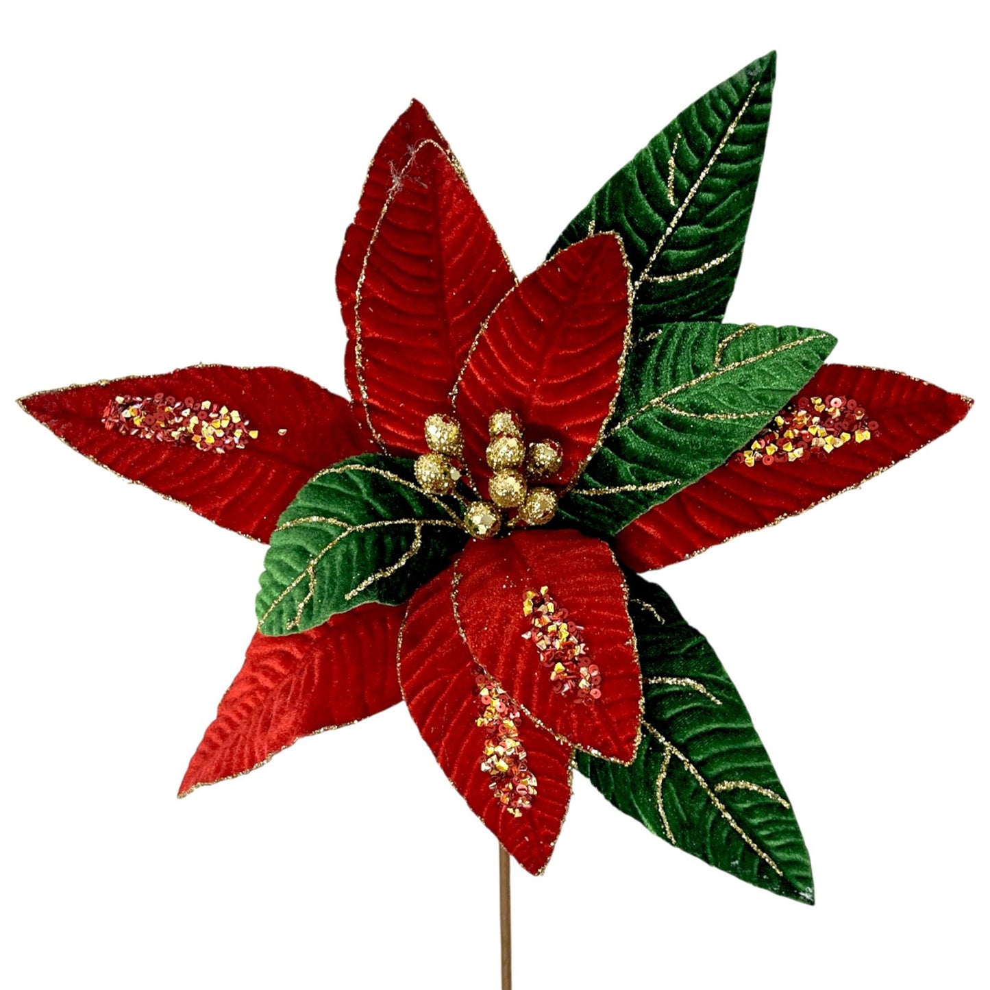 Red/Green Velvet Poinsettia w/ Gold Sequins H:17" Dia:11"