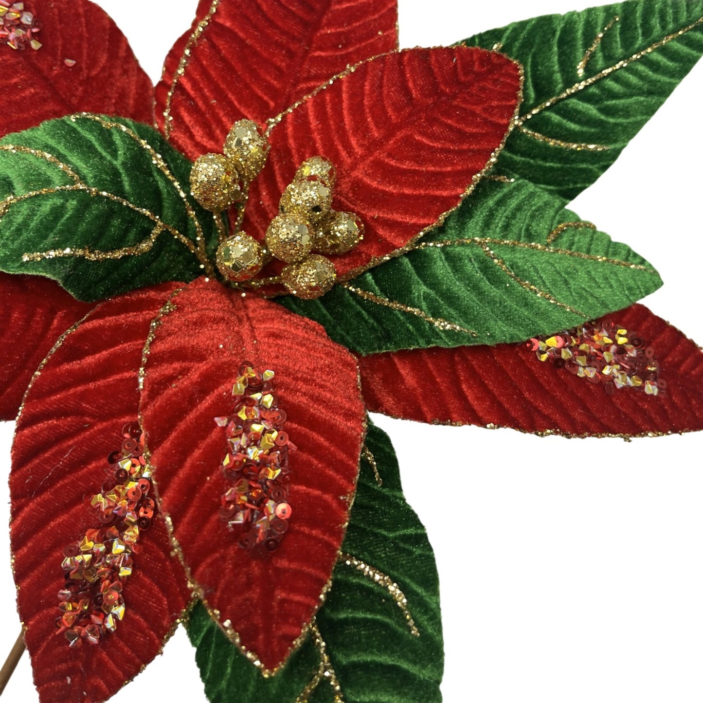 Red/Green Velvet Poinsettia w/ Gold Sequins H:17" Dia:11"