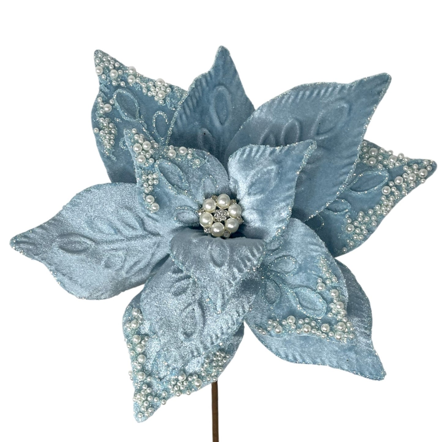 Pearl Jeweled center Light Blue Pearl Poinsettia 9" Dia 17" h
