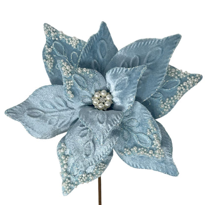 Pearl Jeweled center Light Blue Pearl Poinsettia 9" Dia 17" h