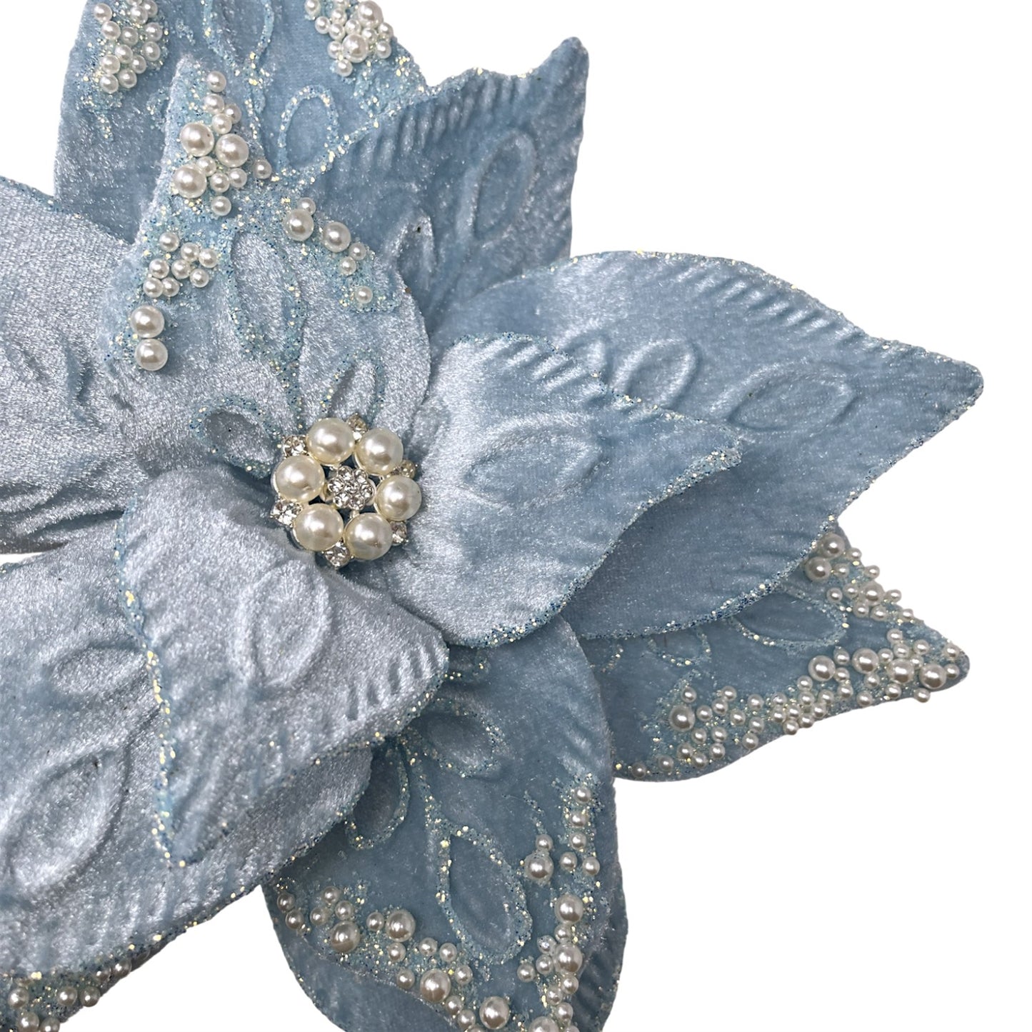 Pearl Jeweled center Light Blue Pearl Poinsettia 9" Dia 17" h