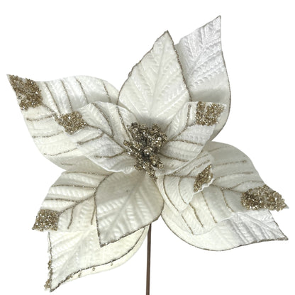 Royal Cream Velvet Poinsettia w/ Light gold Sequins H17" Dia:12"