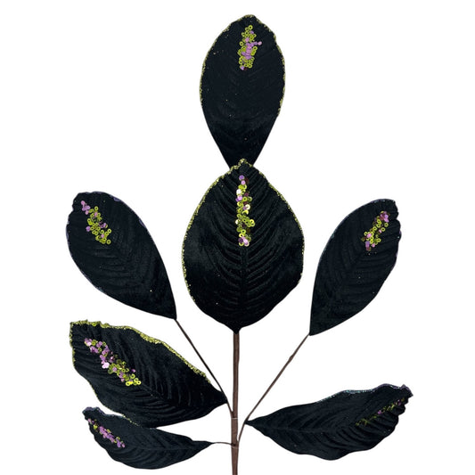 Velvet Magnolia Leaf w/ Sequins 26" - Black | DB