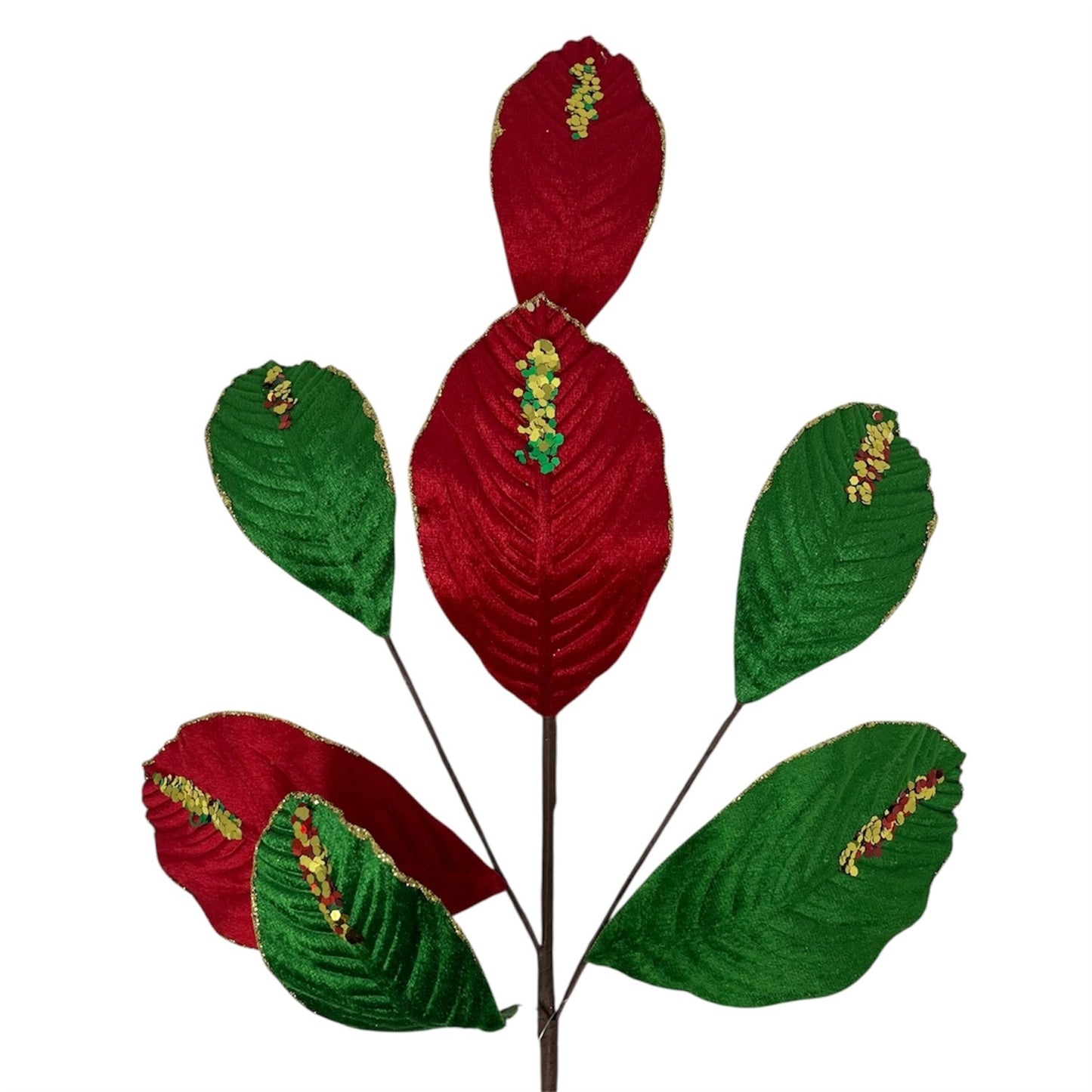 Velvet Magnolia Leaf w/ Sequins 26" - Red/Green/Gold | DB
