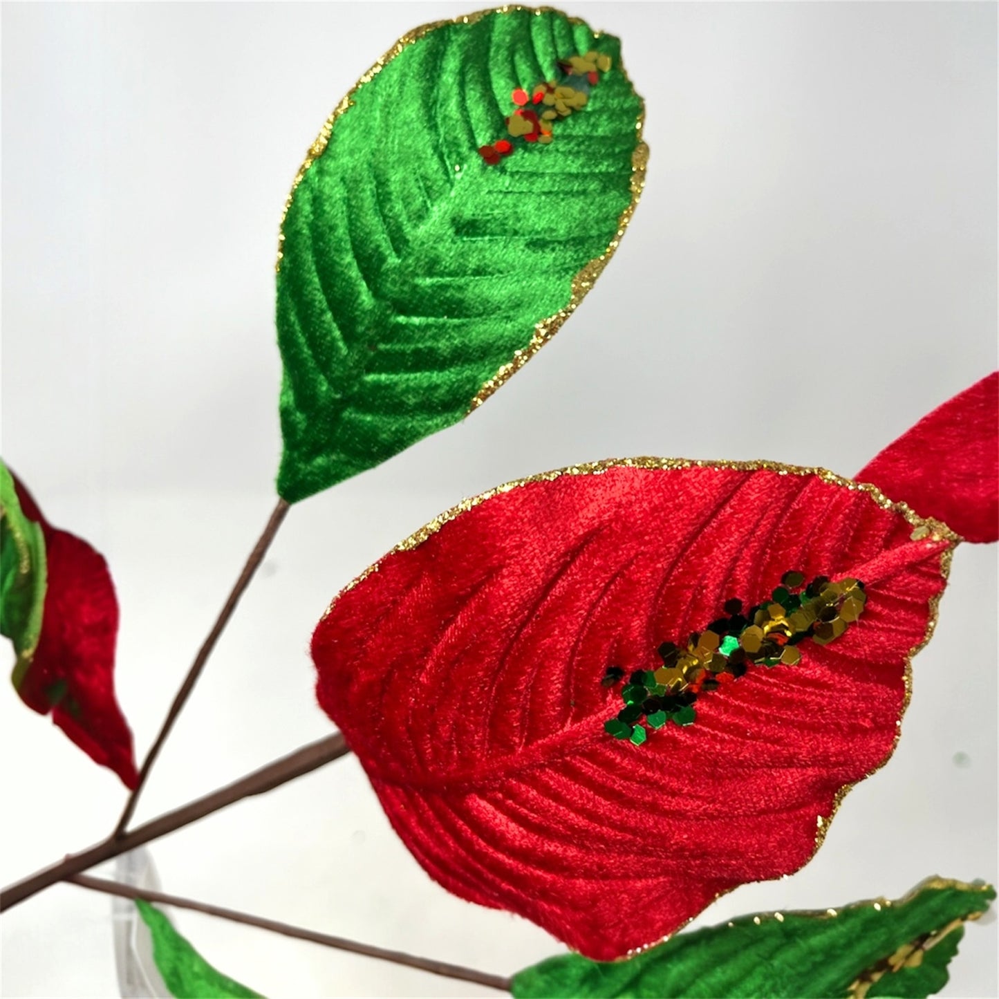 Velvet Magnolia Leaf w/ Sequins 26" - Red/Green/Gold | DB