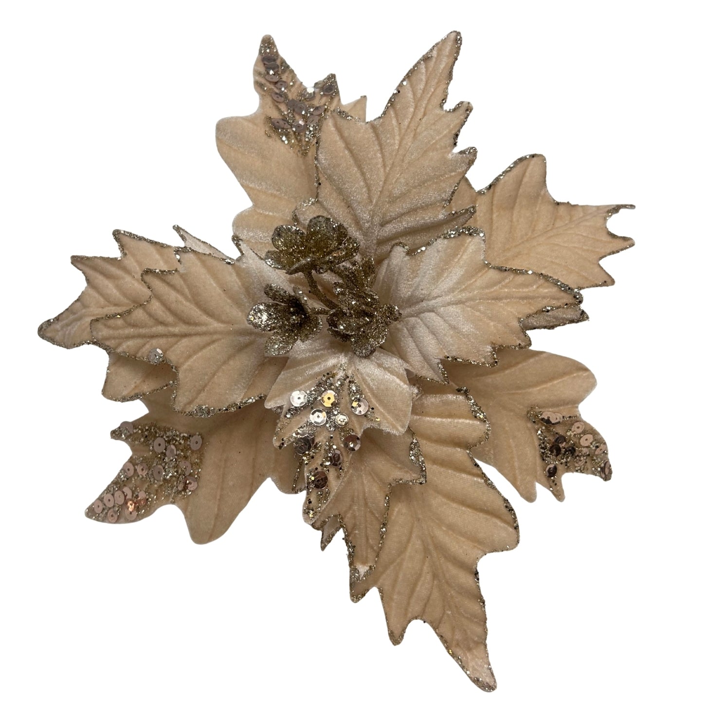 Beige Velvet Poinsettia w/ Champagne Glitter Dia: 12" | DB