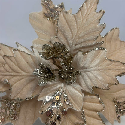 Beige Velvet Poinsettia w/ Champagne Glitter Dia: 12" | DB