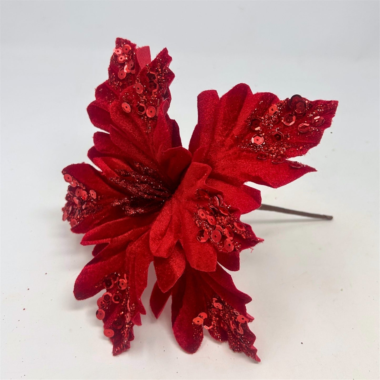Wavy Cut Velvet Poinsettia Leaf Stem Red 9" | DB