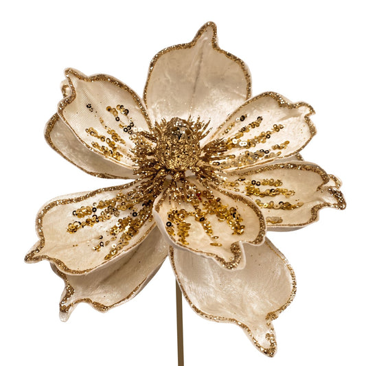 Cream Velvet Magnolia Stem w/ Champagne Sequins Dia:9" | DB