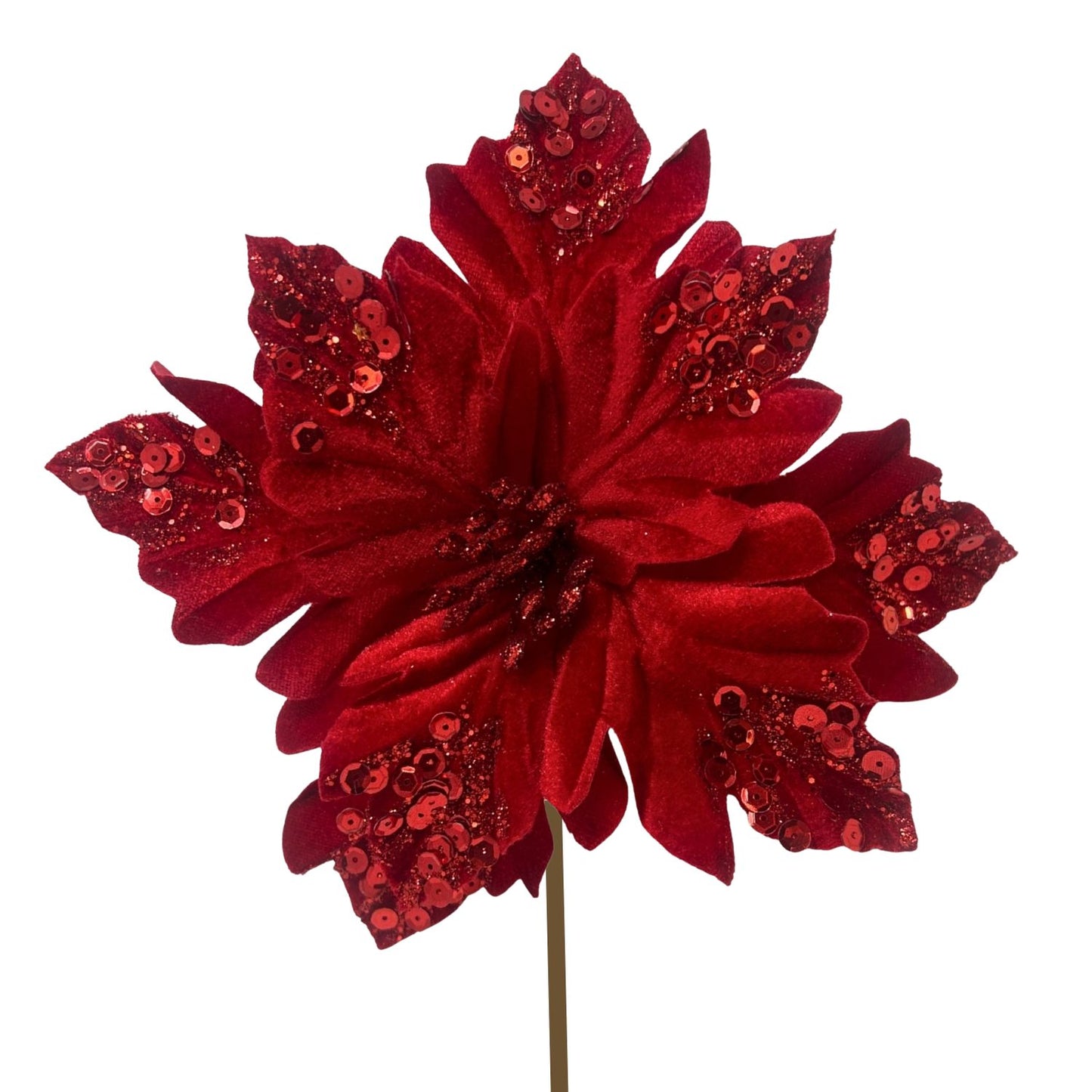 Wavy Cut Velvet Poinsettia Leaf Stem Red 9" | DB
