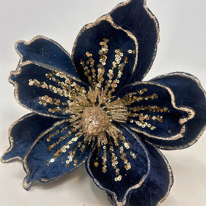 Navy Velvet Magnolia Stem w/ Champagne Sequins Dia:9" | DB