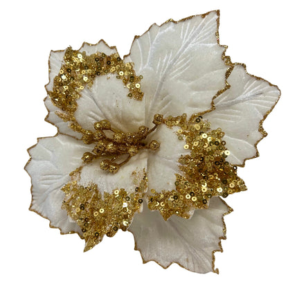 Holiday White Velvet Poinsettia Stem w/ Gold Glitter Dia:9" | DB