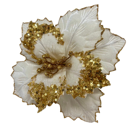 Holiday White Velvet Poinsettia Stem w/ Gold Glitter Dia:9" | DB