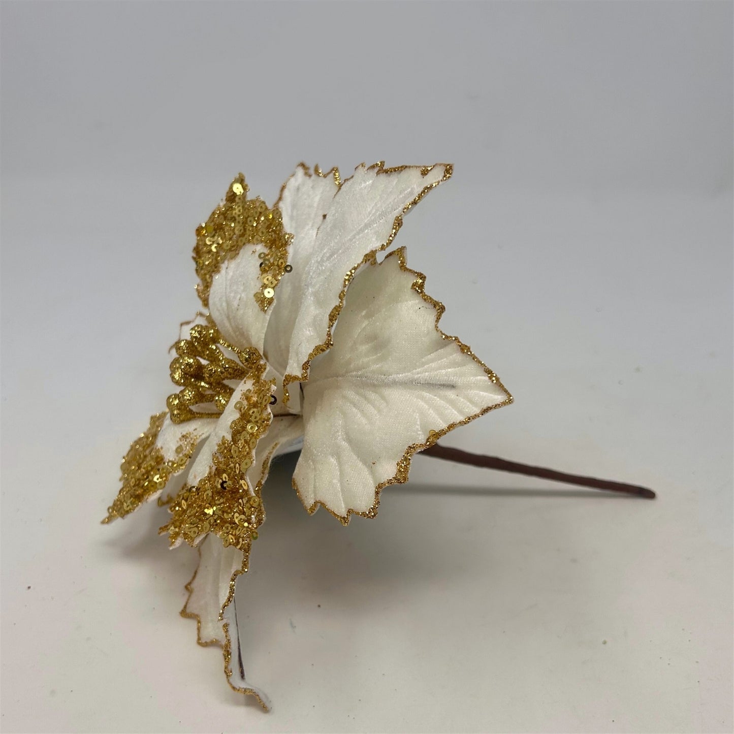 Holiday White Velvet Poinsettia Stem w/ Gold Glitter Dia:9" | DB
