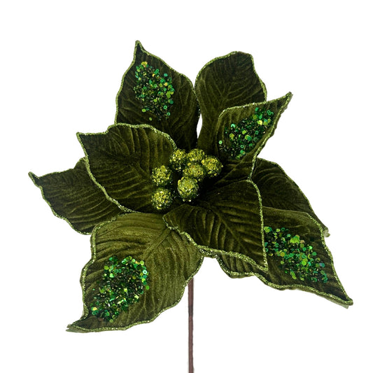 Olive Velvet Sequined Poinsettia Stem H:22" Dia:12" | DB