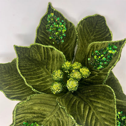 Olive Velvet Sequined Poinsettia Stem H:22" Dia:12" | DB