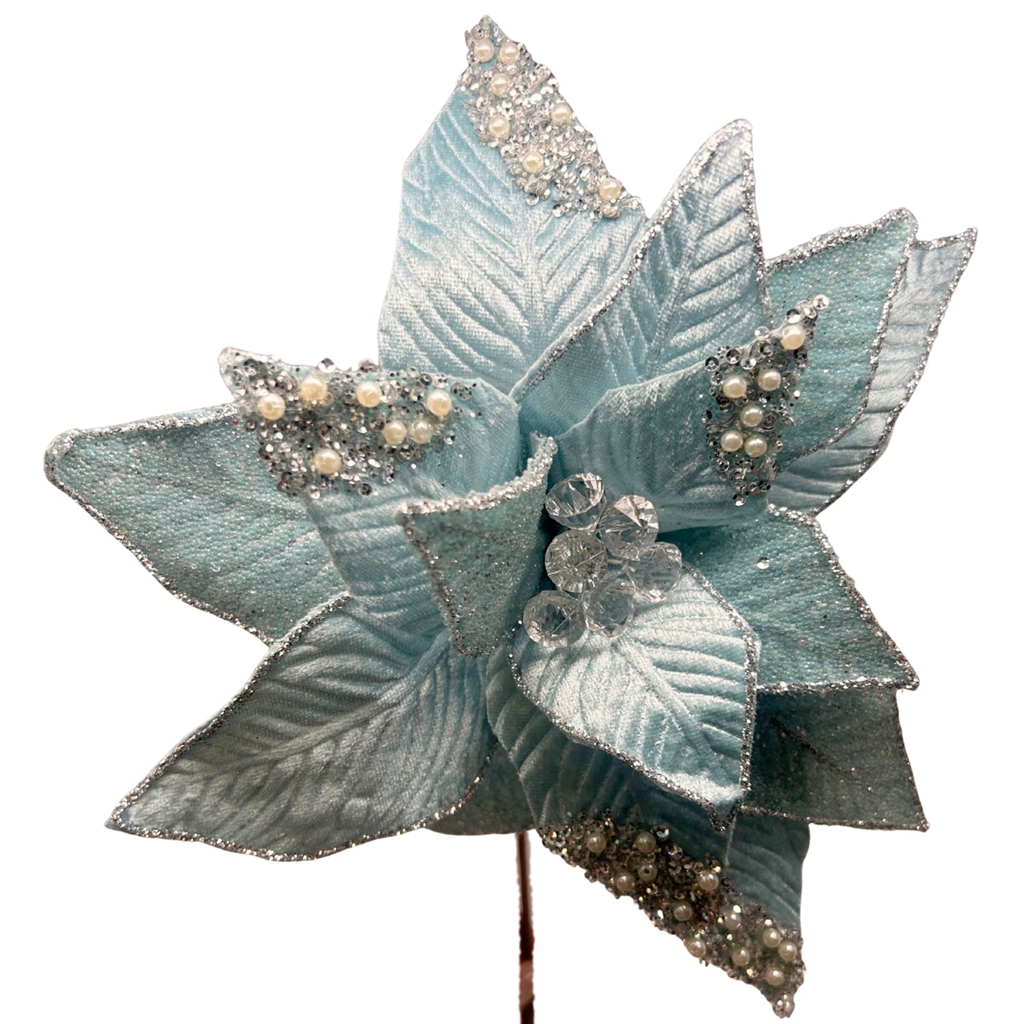 Lux Light Blue Beaded Gem Velvet Poinsettia H:22" Dia:12" | DB