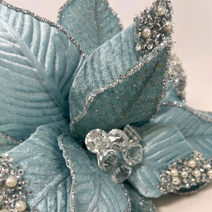 Lux Light Blue Beaded Gem Velvet Poinsettia H:22" Dia:12" | DB