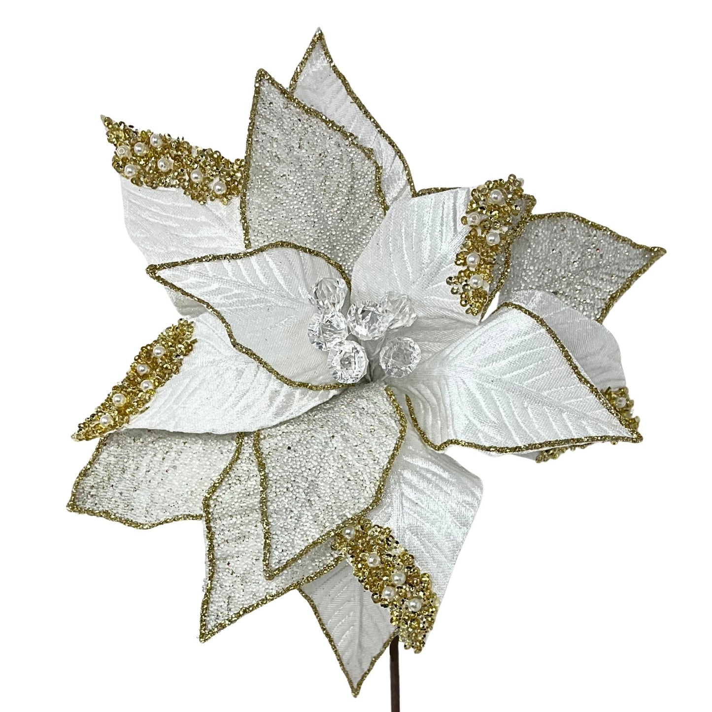 Lux White/Gold Beaded Gem Velvet Poinsettia H:22" Dia:12 | DB