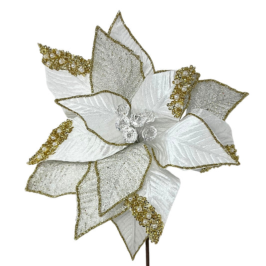 Lux White/Gold Beaded Gem Velvet Poinsettia H:22" Dia:12 | DB