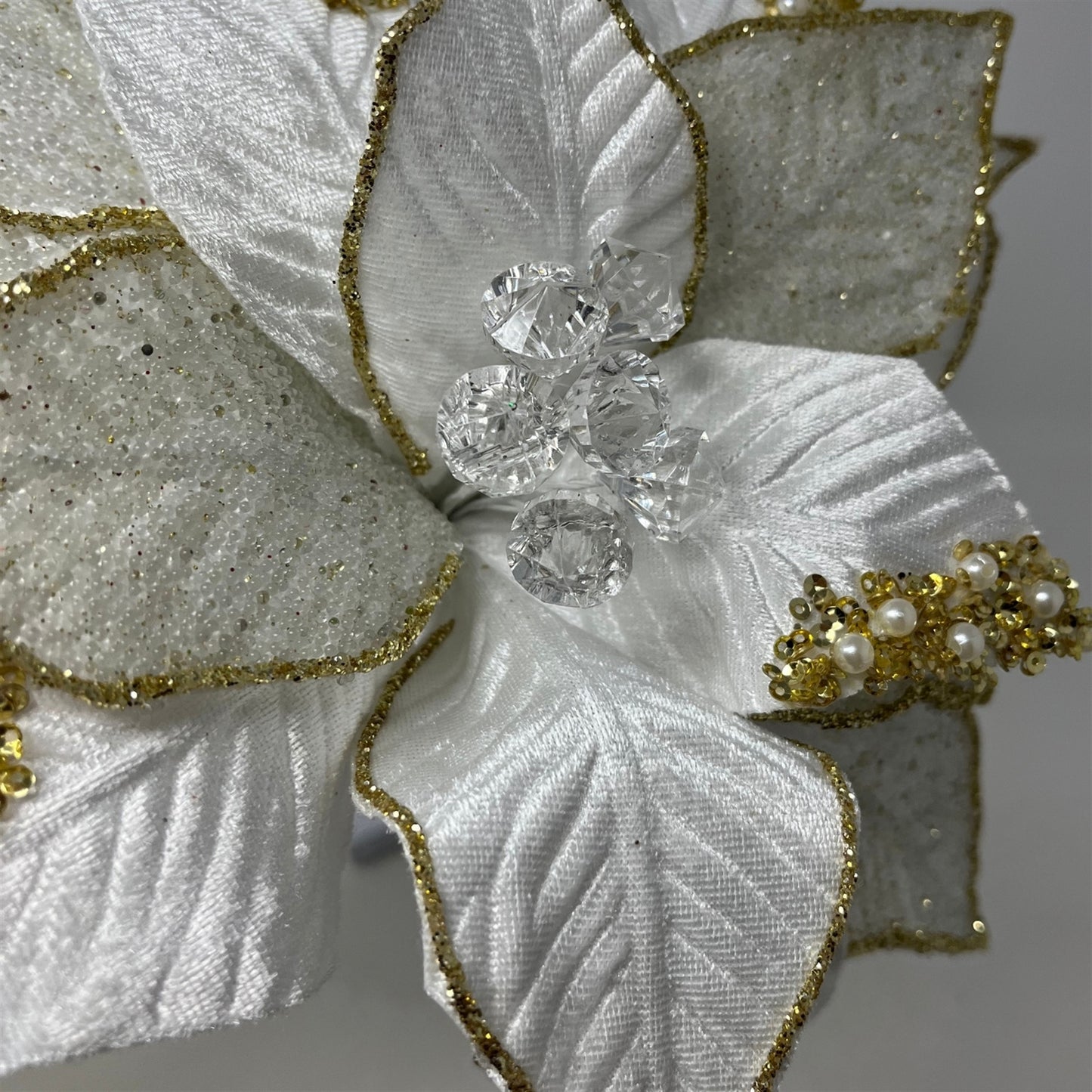 Lux White/Gold Beaded Gem Velvet Poinsettia H:22" Dia:12 | DB