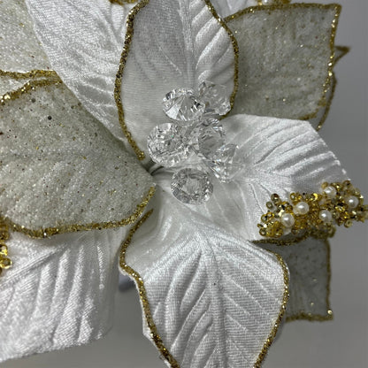 Lux White/Gold Beaded Gem Velvet Poinsettia H:22" Dia:12 | DB
