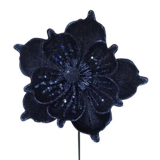 Navy Velvet Magnolia Stem w/ Blue Sequins Dia 9” | DB