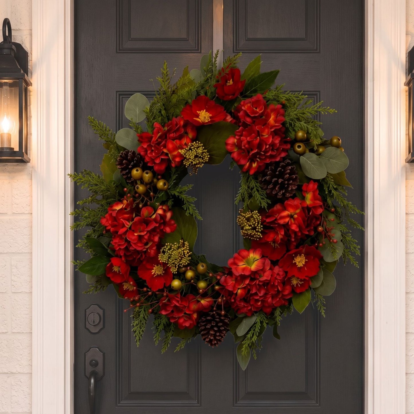 A festive artificial Christmas wreath hanging on a dark charcoal front door, decorated with vibrant red flowers, green foliage, pinecones, and small gold berries.