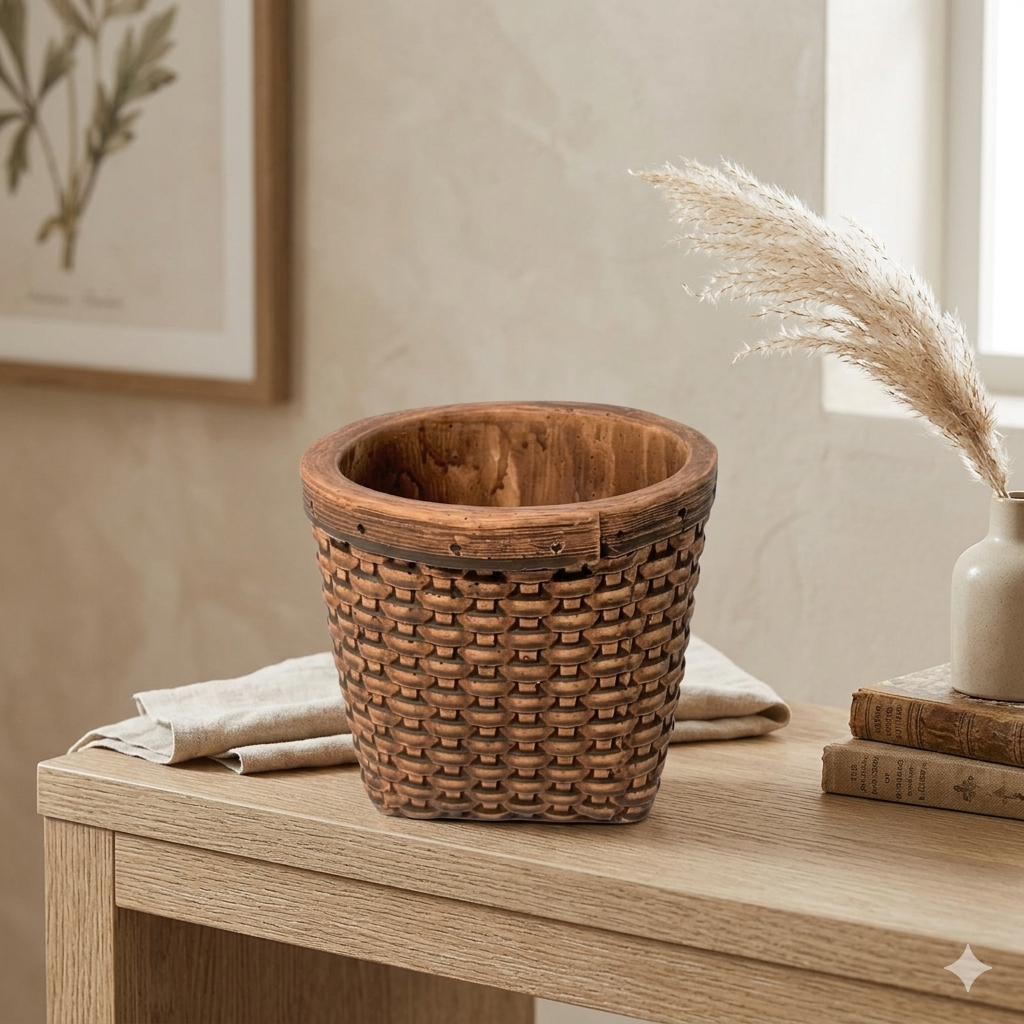 Woven Basket Pattern Ceramic Container 4" | YK