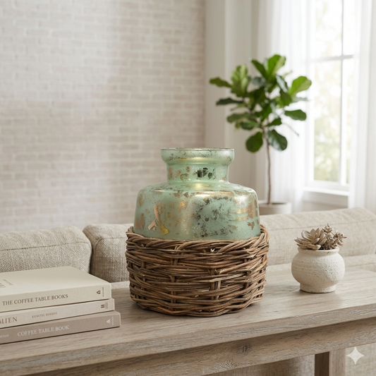 Small 11'' Wilmington Mercury Glass Vase with Woven Basket-Sage