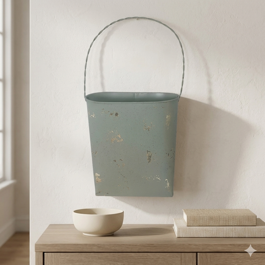 Rustic Flattened Metal Bucket Door Pocket in Grey