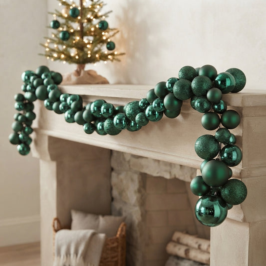70.8" Hunter Green Plastic Ball Garland/Shiny/Matte/Mercury/Glitter Finish w/ 70mm - 100mm | LC