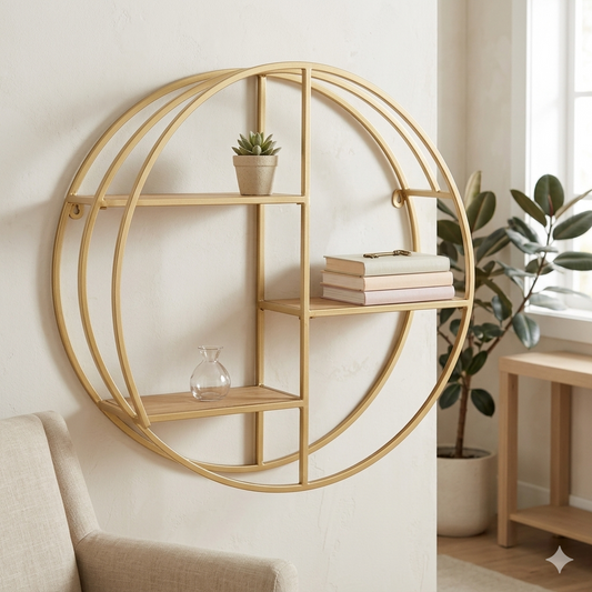 Round Metal and Wood Wall Shelf in Gold