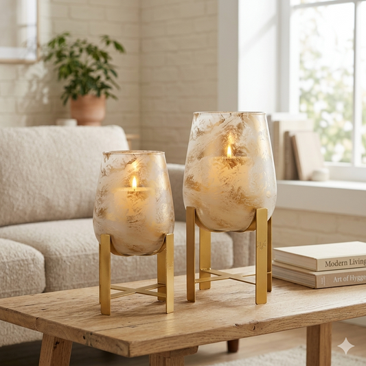 10"H Glass Candle Holder - White/Gold Marble | SB
