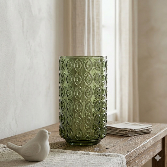 10"H Glass Embossed Cylinder Vase - Green | SB