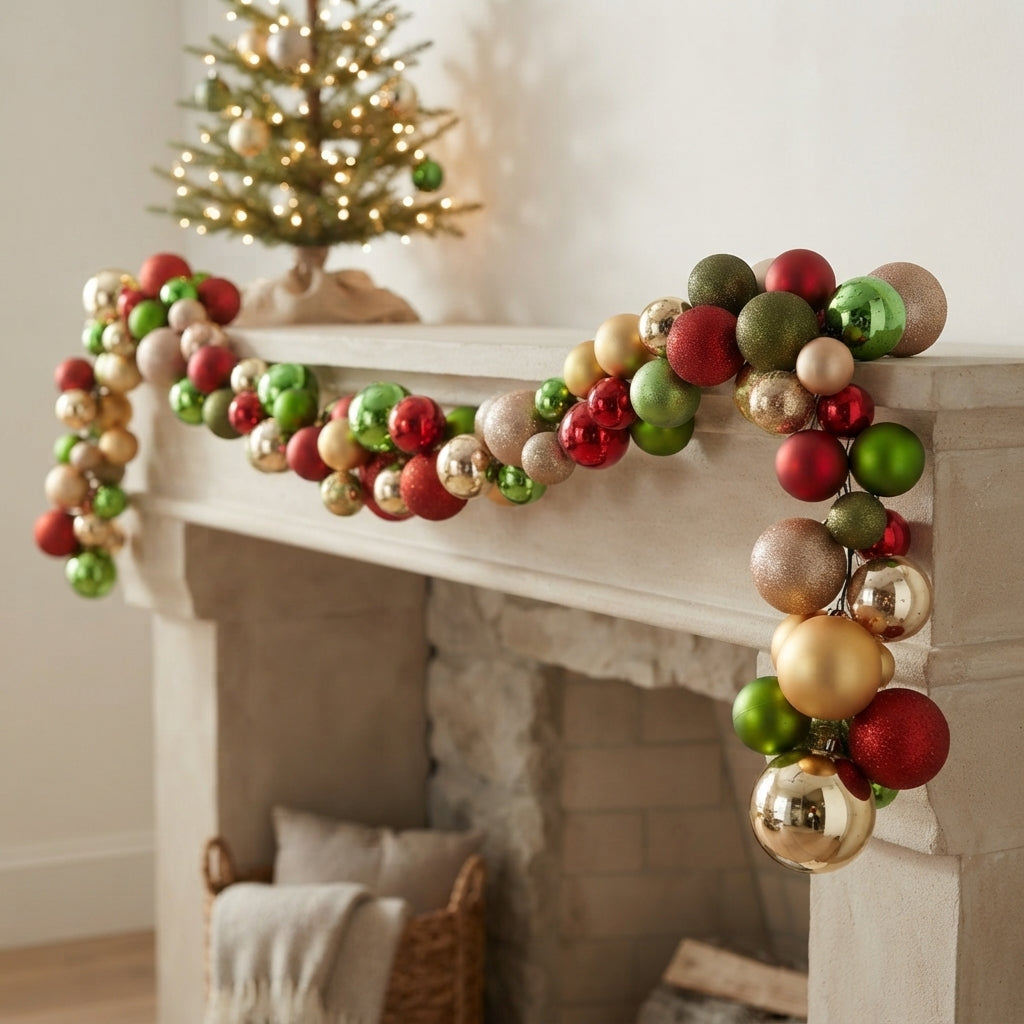 70.8" Red/Green/Metallic Gold Plastic Ball Garland/Shiny/Matte/Mercury/Glitter w/ 70mm - 100mm Balls | LC