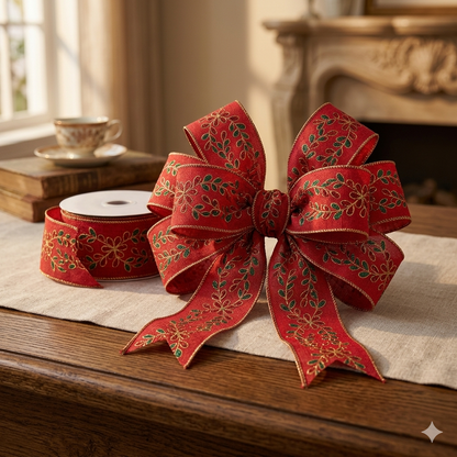 Elegant Glitz Foliage Leaf Red Faux Linen Ribbon 2.5" x 10yd | YT
